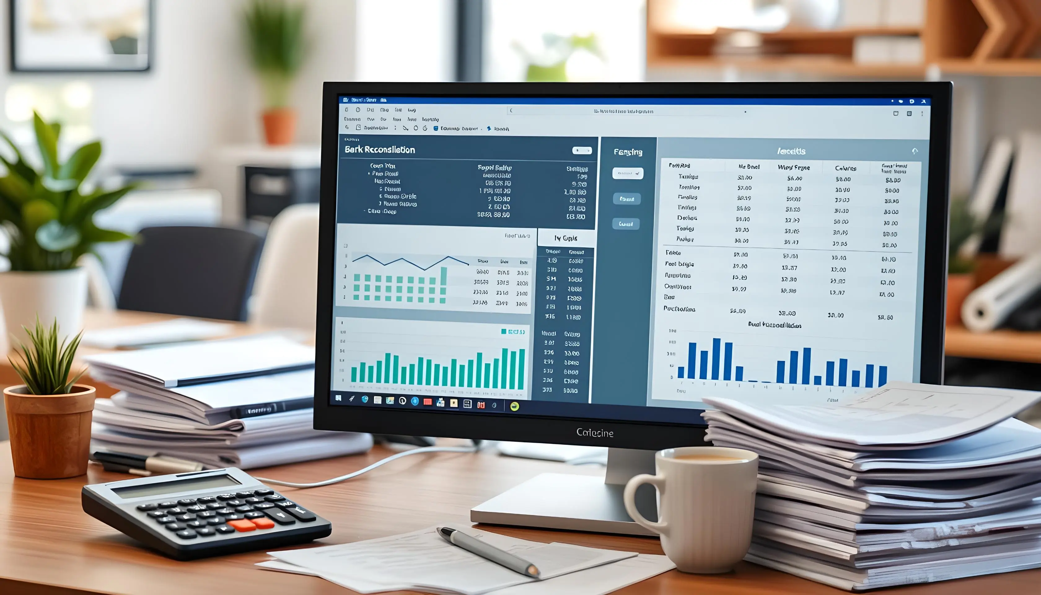 Bank reconciliation dashboard on an office monitor